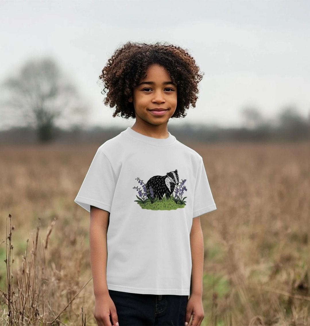 Sustainable printed badger in bluebells white kids t-shirt from Teemill