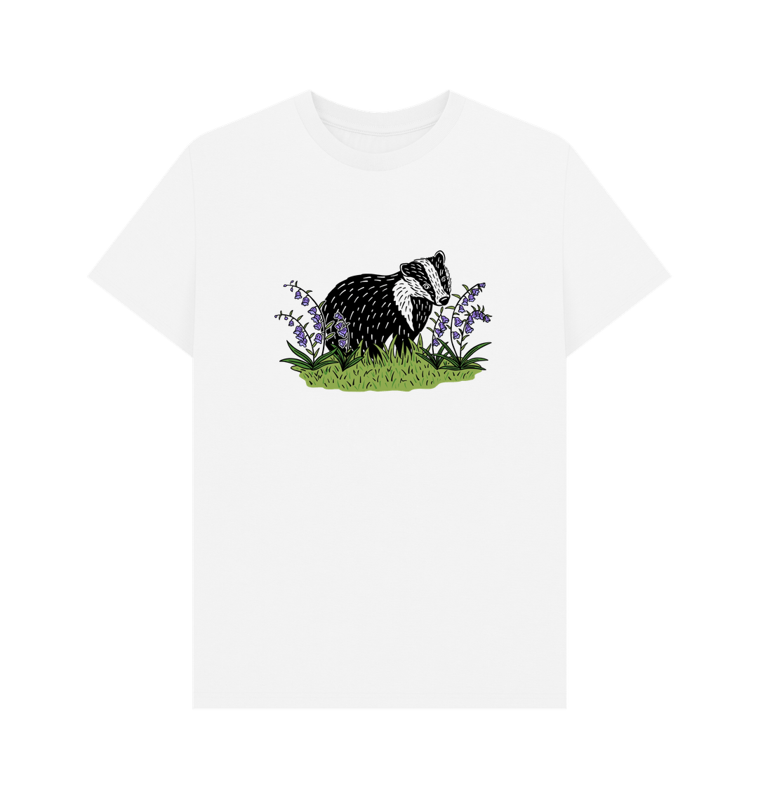 Sustainable printed badger in bluebells men's t-shirt from Teemill