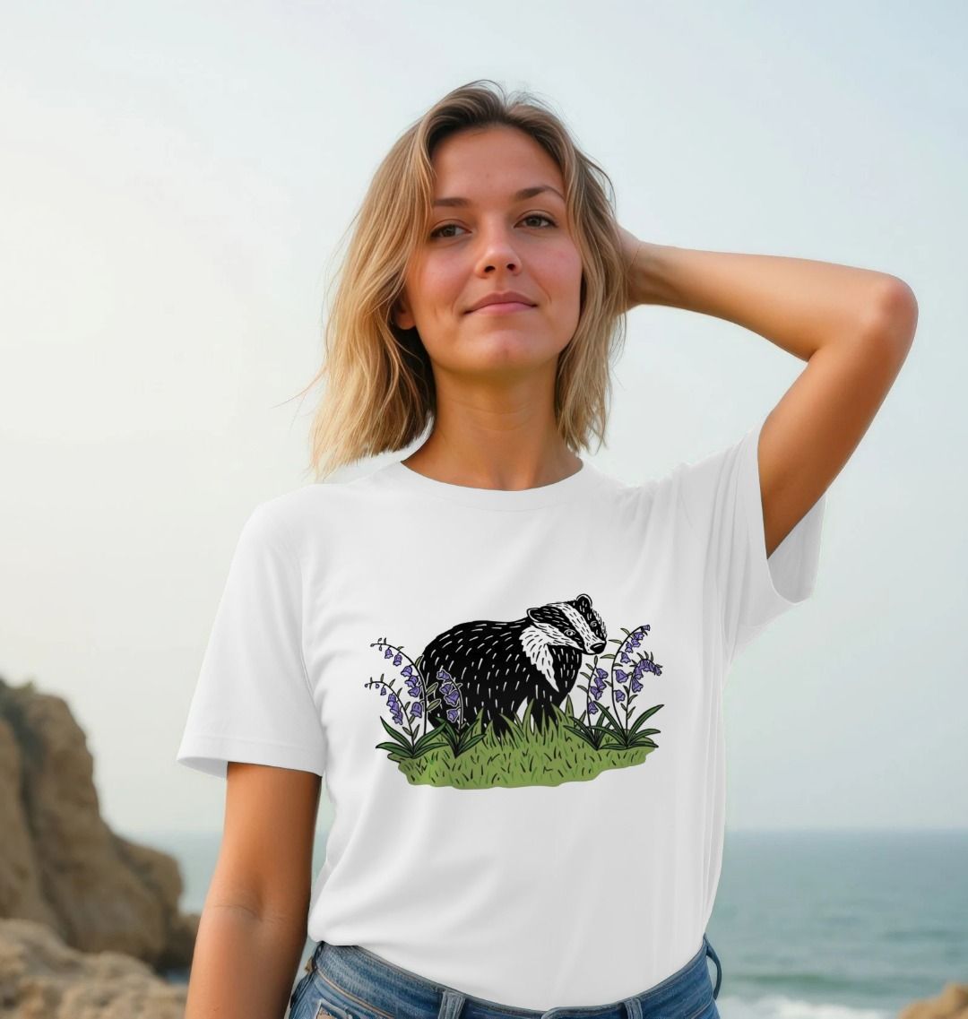 Sustainable printed badger in bluebells women's t-shirt from Teemill