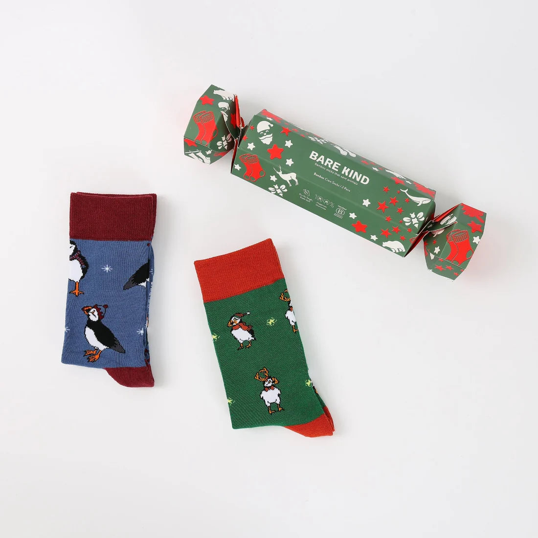 Christmas cracker gift pack - contains 1 pair each Christmas puffins socks in green & blue (size 4-7)