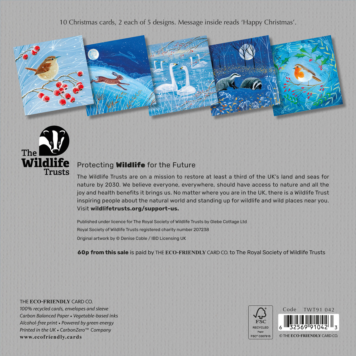Wildlife Trusts official Christmas Card 153mm - 2025 design B, mixed pack of 10