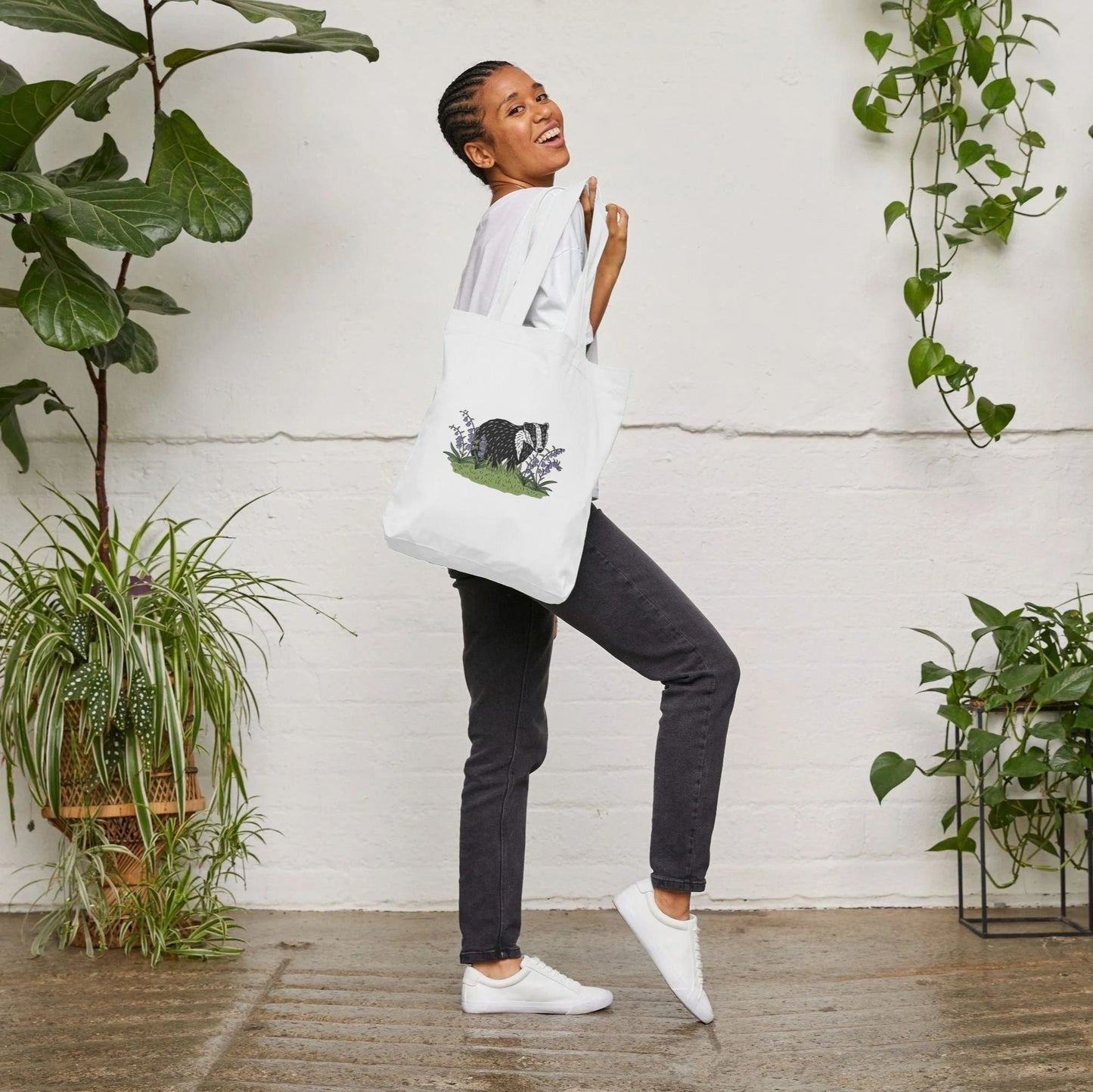Sustainable badger in bluebells white tote bag from Teemill
