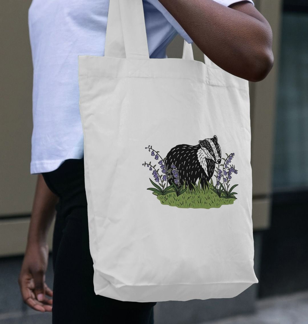 Sustainable badger in bluebells white tote bag from Teemill