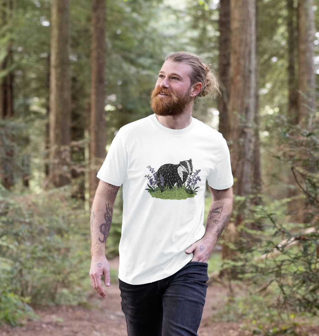 Sustainable printed badger in bluebells men's t-shirt from Teemill