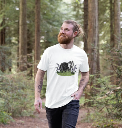 Sustainable printed badger in bluebells men's t-shirt from Teemill