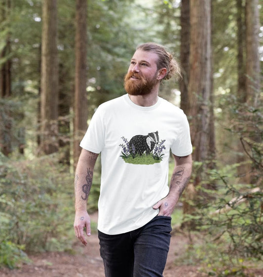 Sustainable printed badger in bluebells men's t-shirt from Teemill