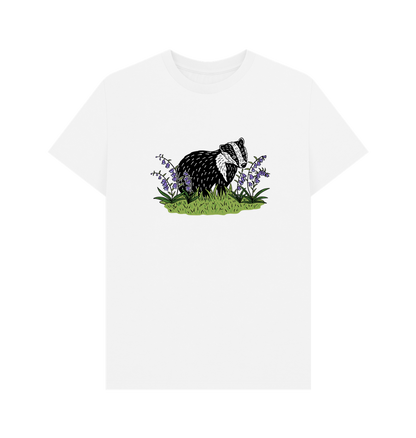 Sustainable printed badger in bluebells men's t-shirt from Teemill